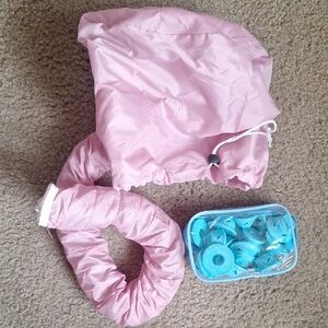 🎁Pink Hair Drying Cap and 20 Piece Silicone Hair Curlers Set